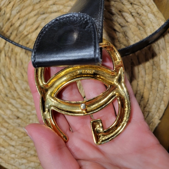 Vintage Gucci Logo Wide Black Leather Belt Gold GG Size 70 - Picture 6 of 13